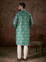 Ethnic Bay Men Teal Silk Blend Floral Printed Straight Kurta With Trouser-MKSET1971