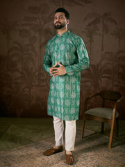 Ethnic Bay Men Teal Silk Blend Floral Printed Straight Kurta With Trouser-MKSET1971