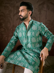 Ethnic Bay Men Teal Silk Blend Floral Printed Straight Kurta With Trouser-MKSET1971