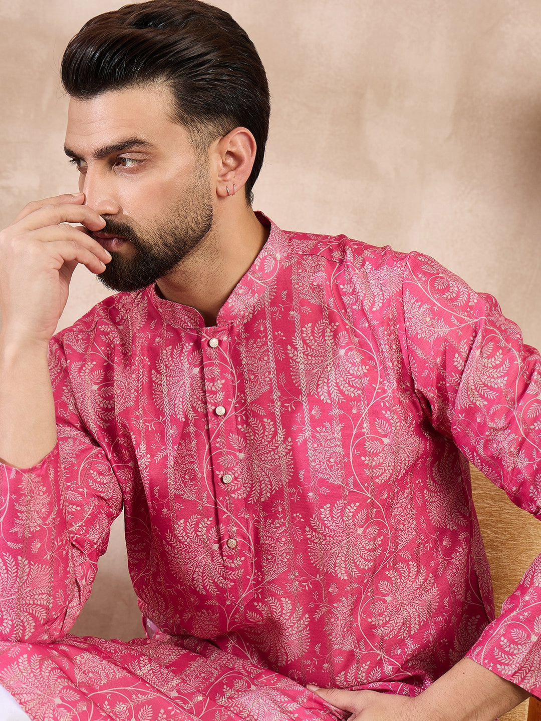 Ethnic Bay Men Pink Silk Blend Floral Printed Straight Kurta With Trouser-MKSET1972