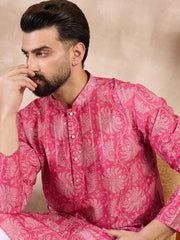 Ethnic Bay Men Pink Silk Blend Floral Printed Straight Kurta With Trouser-MKSET1972
