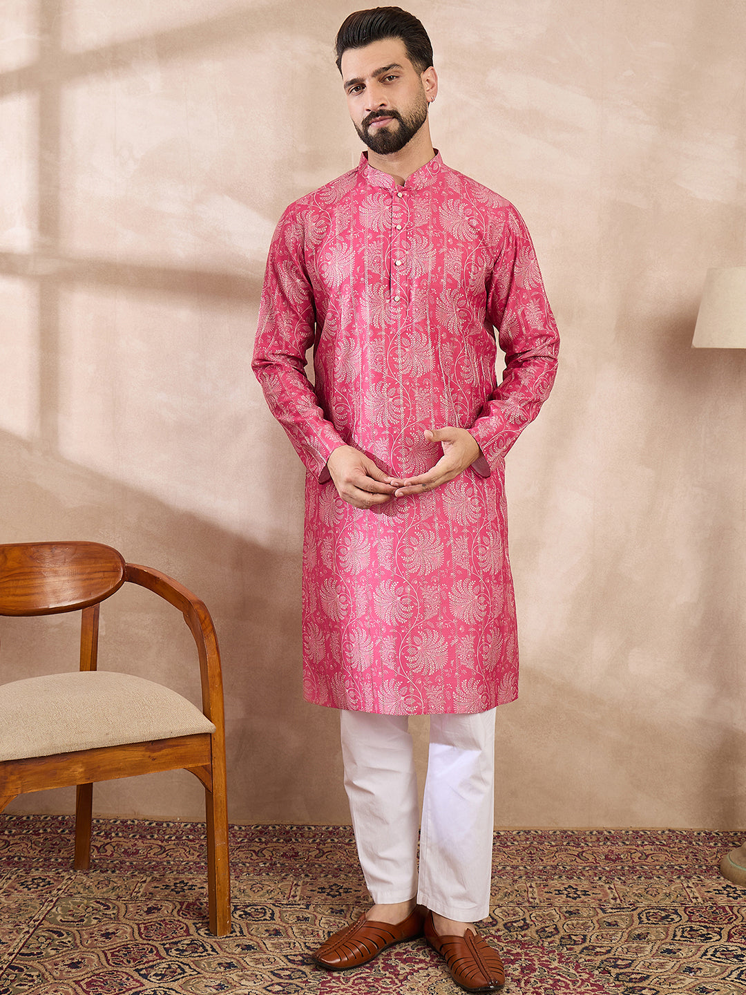 Ethnic Bay Men Pink Silk Blend Floral Printed Straight Kurta With Trouser