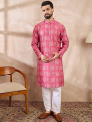 Ethnic Bay Men Pink Silk Blend Floral Printed Straight Kurta With Trouser-MKSET1972
