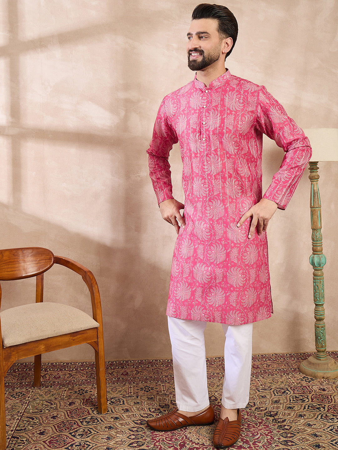 Ethnic Bay Men Pink Silk Blend Floral Printed Straight Kurta With Trouser
