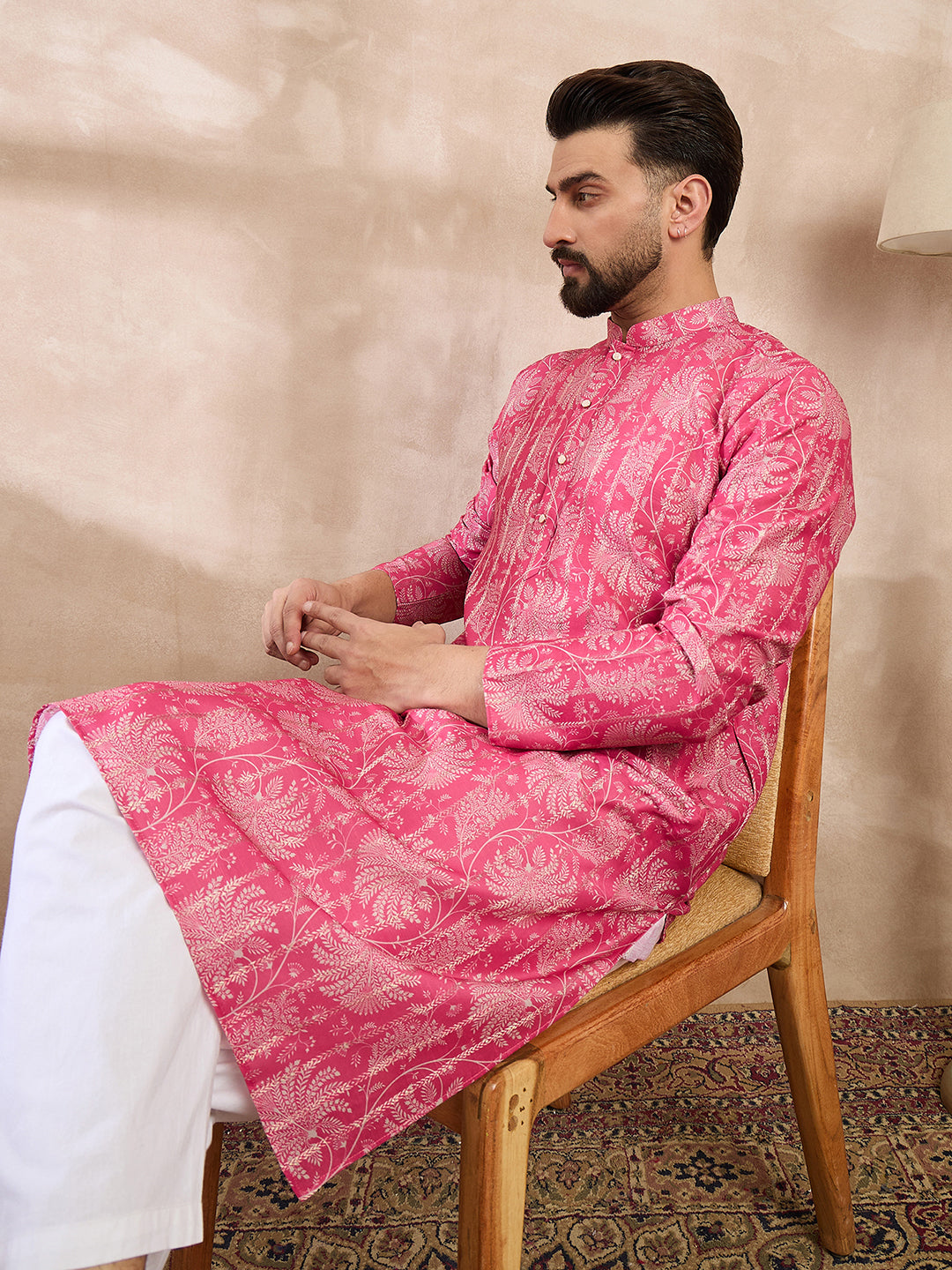 Ethnic Bay Men Pink Silk Blend Floral Printed Straight Kurta With Trouser