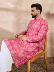 Ethnic Bay Men Pink Silk Blend Floral Printed Straight Kurta With Trouser-MKSET1972