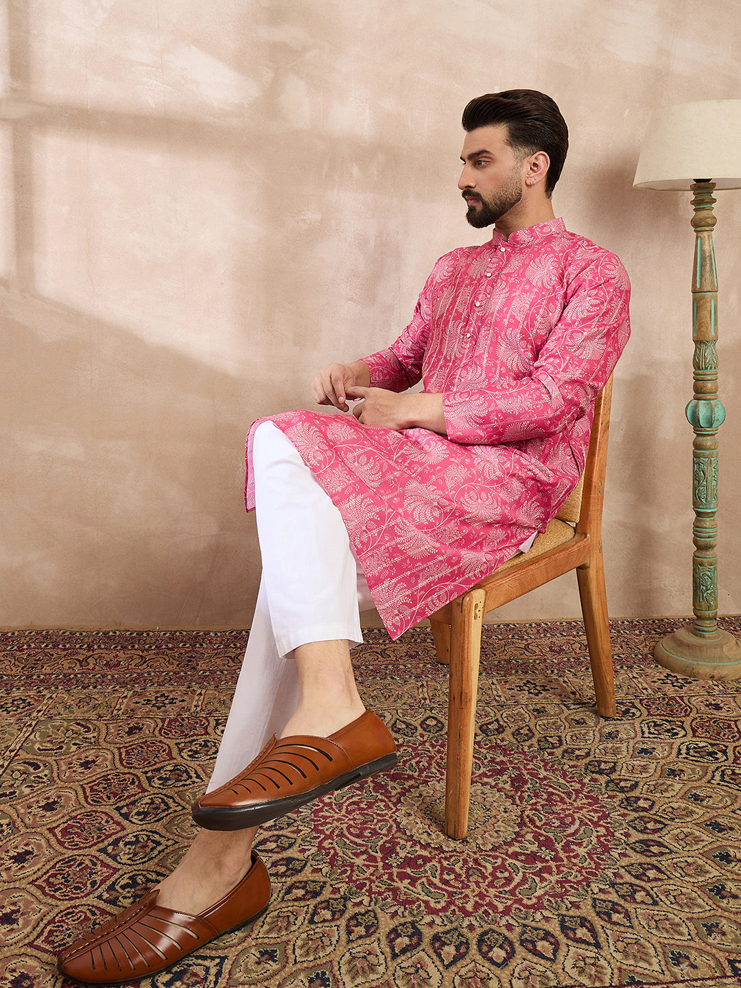 Ethnic Bay Men Pink Silk Blend Floral Printed Straight Kurta With Trouser