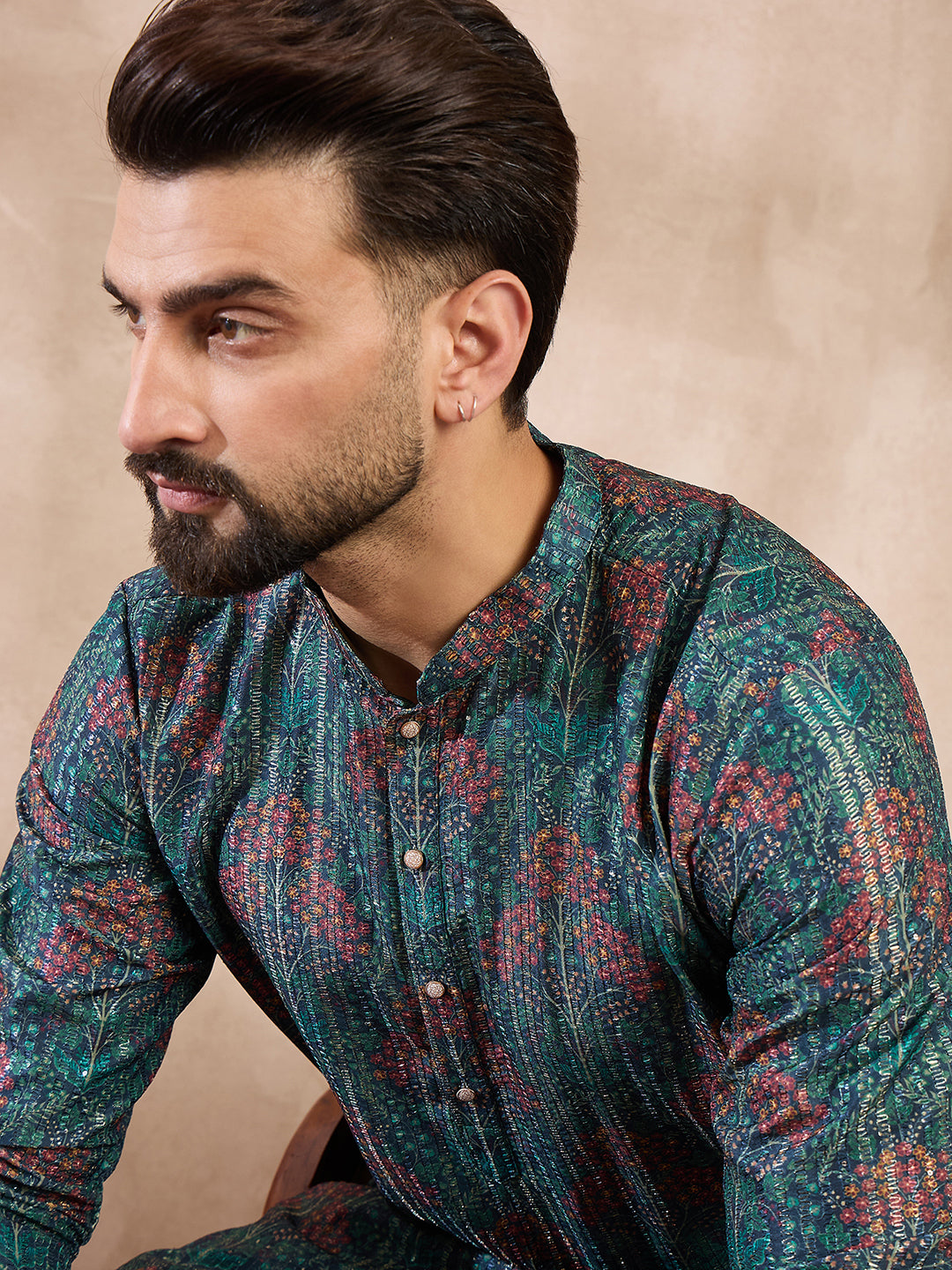 Ethnic Bay Men Blue Silk Blend Floral Printed Straight Kurta With Trouser
