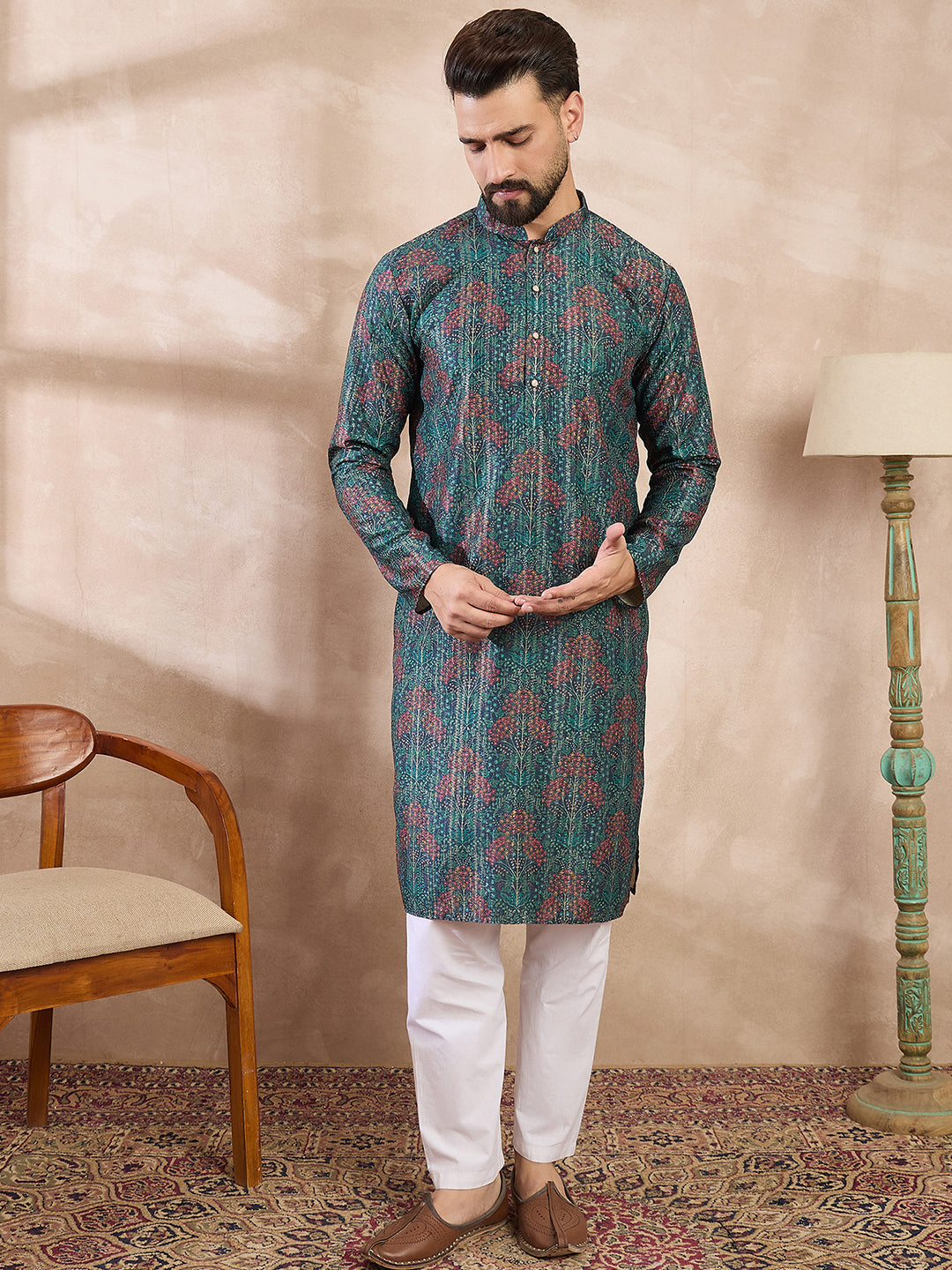 Ethnic Bay Men Blue Silk Blend Floral Printed Straight Kurta With Trouser