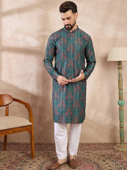 Ethnic Bay Men Blue Silk Blend Floral Printed Straight Kurta With Trouser-MKSET1974