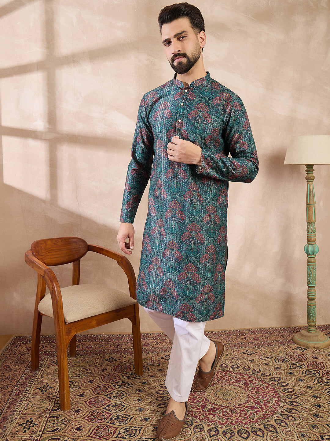 Ethnic Bay Men Blue Silk Blend Floral Printed Straight Kurta With Trouser