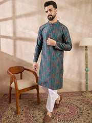 Ethnic Bay Men Blue Silk Blend Floral Printed Straight Kurta With Trouser-MKSET1974