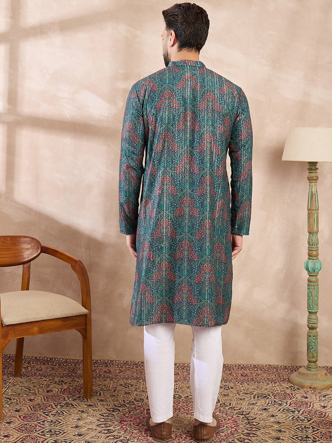 Ethnic Bay Men Blue Silk Blend Floral Printed Straight Kurta With Trouser