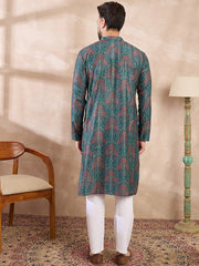 Ethnic Bay Men Blue Silk Blend Floral Printed Straight Kurta With Trouser-MKSET1974