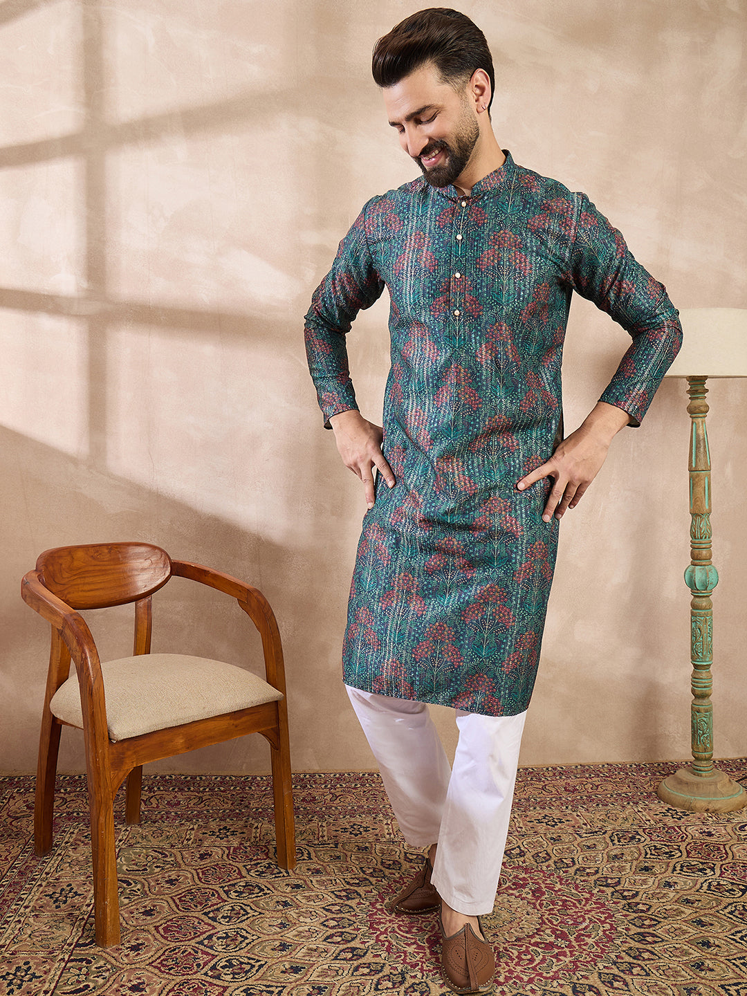 Ethnic Bay Men Blue Silk Blend Floral Printed Straight Kurta With Trouser