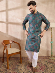 Ethnic Bay Men Blue Silk Blend Floral Printed Straight Kurta With Trouser-MKSET1974