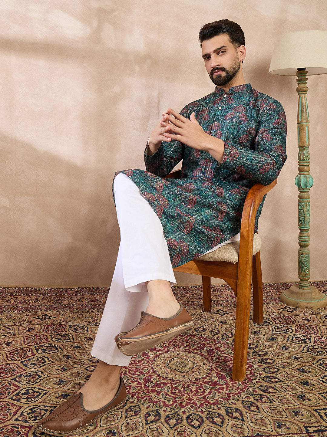 Ethnic Bay Men Blue Silk Blend Floral Printed Straight Kurta With Trouser