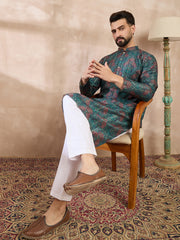 Ethnic Bay Men Blue Silk Blend Floral Printed Straight Kurta With Trouser-MKSET1974