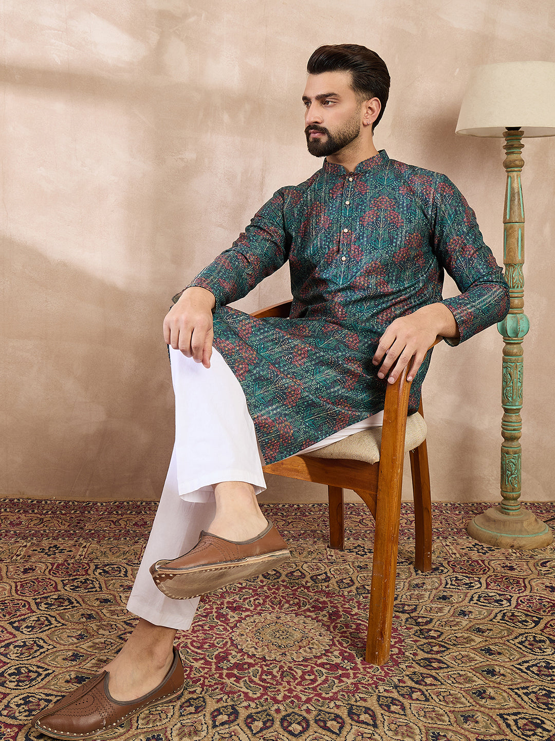 Ethnic Bay Men Blue Silk Blend Floral Printed Straight Kurta With Trouser