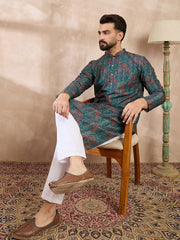 Ethnic Bay Men Blue Silk Blend Floral Printed Straight Kurta With Trouser-MKSET1974