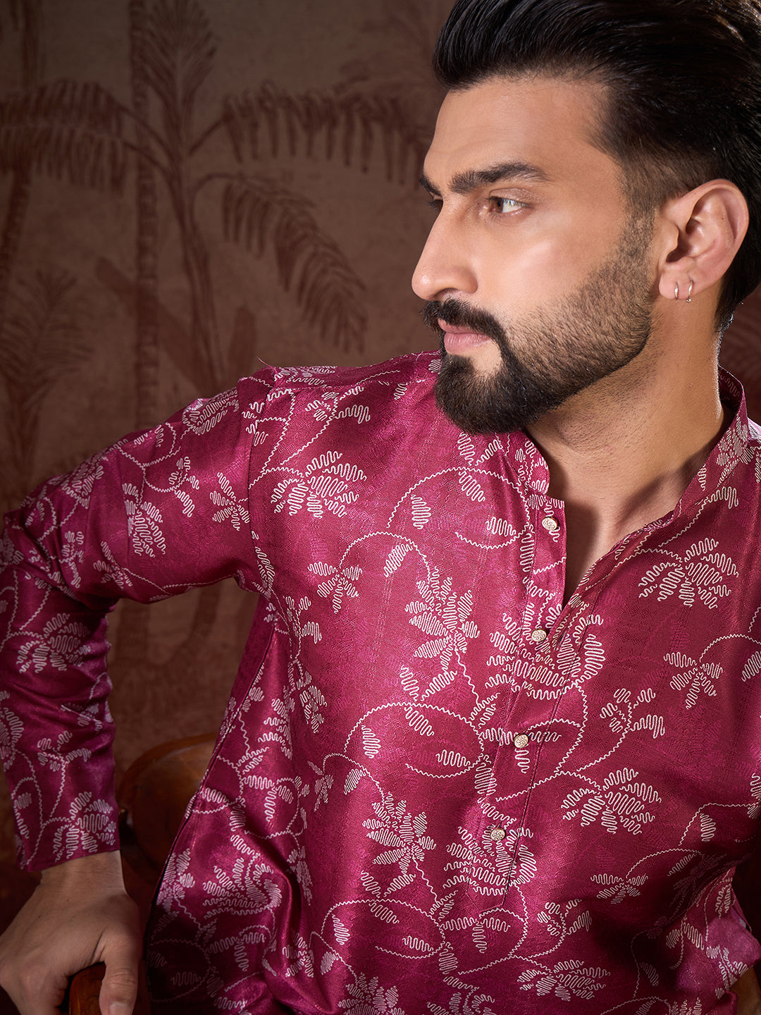 Ethnic Bay Men Red Silk Blend Floral Printed Straight Kurta With Trouser