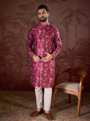 Ethnic Bay Men Red Silk Blend Floral Printed Straight Kurta With Trouser-MKSET1975