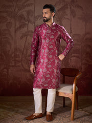 Ethnic Bay Men Red Silk Blend Floral Printed Straight Kurta With Trouser-MKSET1975