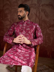 Ethnic Bay Men Red Silk Blend Floral Printed Straight Kurta With Trouser-MKSET1975