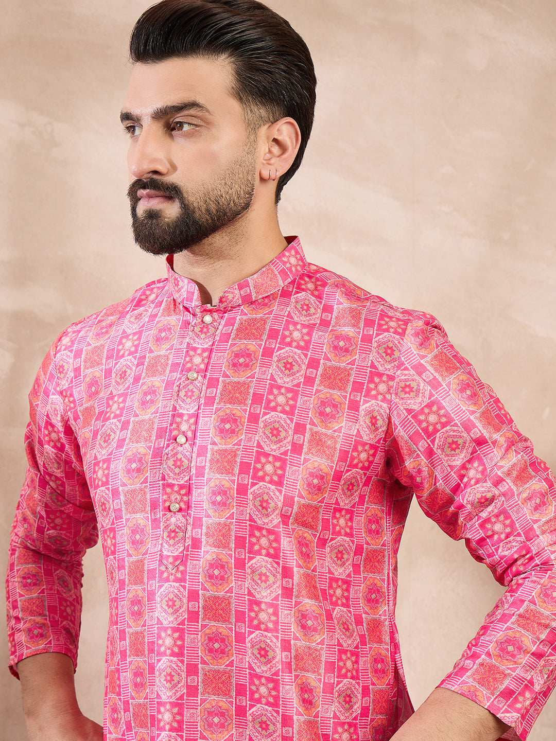 Ethnic Bay Men Pink Silk Blend Ethnic Motifs Printed Straight Kurta With Trouser