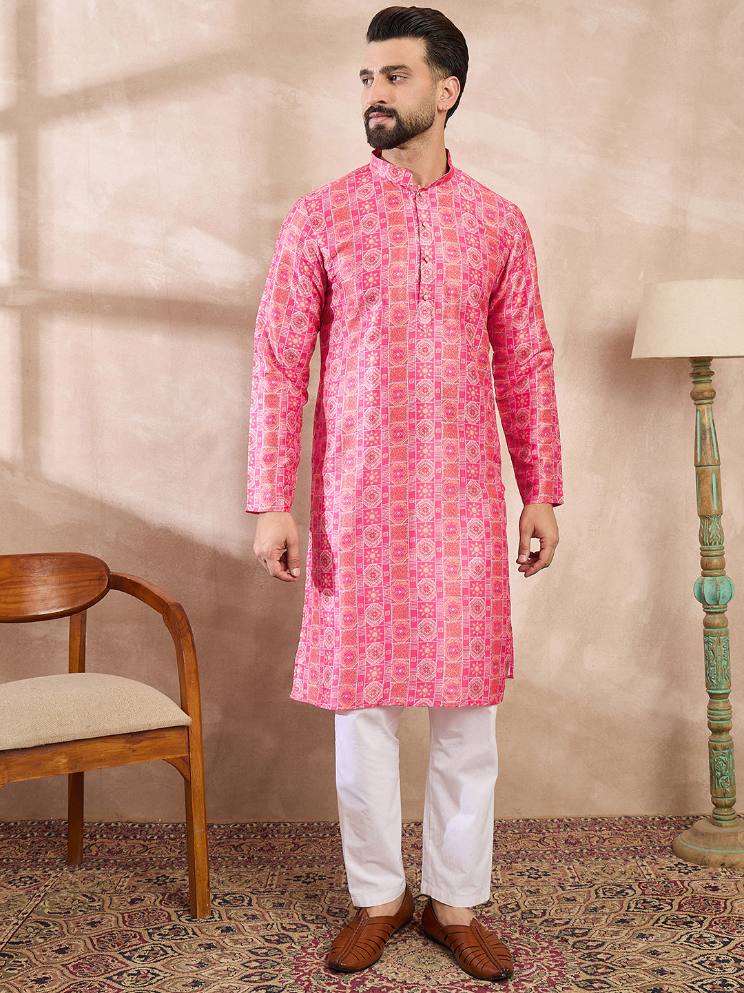 Ethnic Bay Men Pink Silk Blend Ethnic Motifs Printed Straight Kurta With Trouser