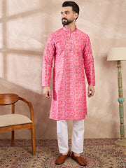 Ethnic Bay Men Pink Silk Blend Ethnic Motifs Printed Straight Kurta With Trouser-MKSET1990