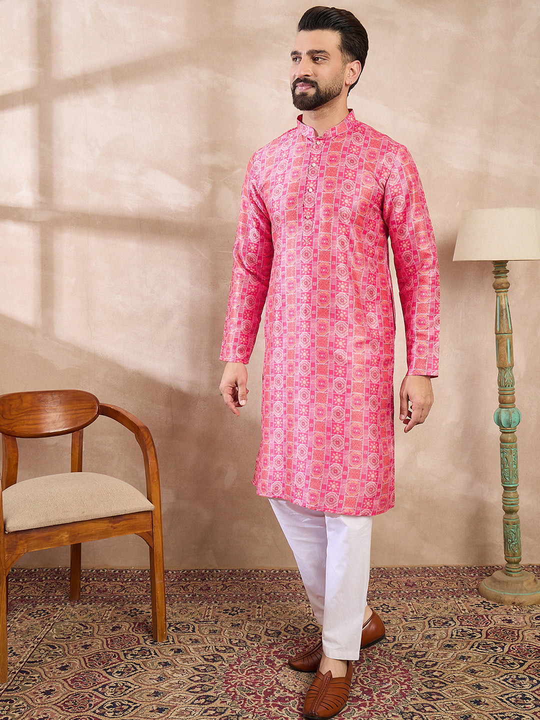 Ethnic Bay Men Pink Silk Blend Ethnic Motifs Printed Straight Kurta With Trouser