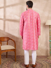 Ethnic Bay Men Pink Silk Blend Ethnic Motifs Printed Straight Kurta With Trouser-MKSET1990