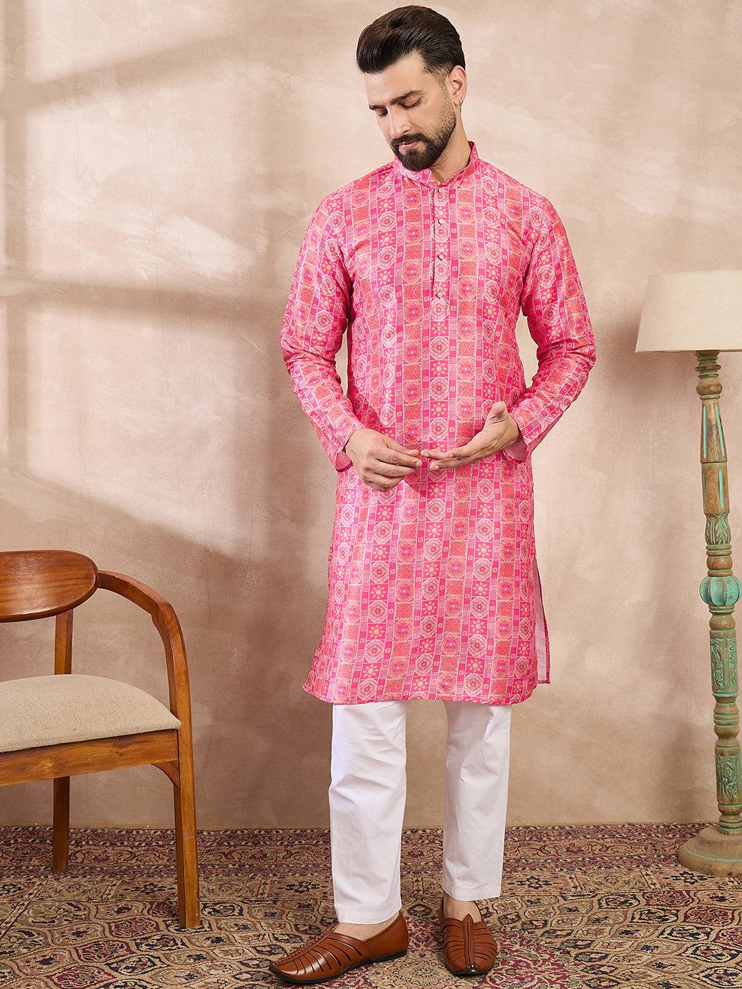 Ethnic Bay Men Pink Silk Blend Ethnic Motifs Printed Straight Kurta With Trouser