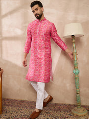 Ethnic Bay Men Pink Silk Blend Ethnic Motifs Printed Straight Kurta With Trouser-MKSET1990