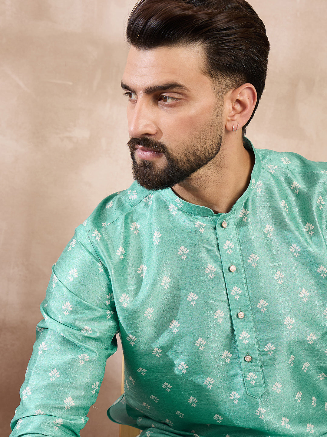 Ethnic Bay Men Teal Silk Blend Ethnic Motifs Printed Straight Kurta With Trouser
