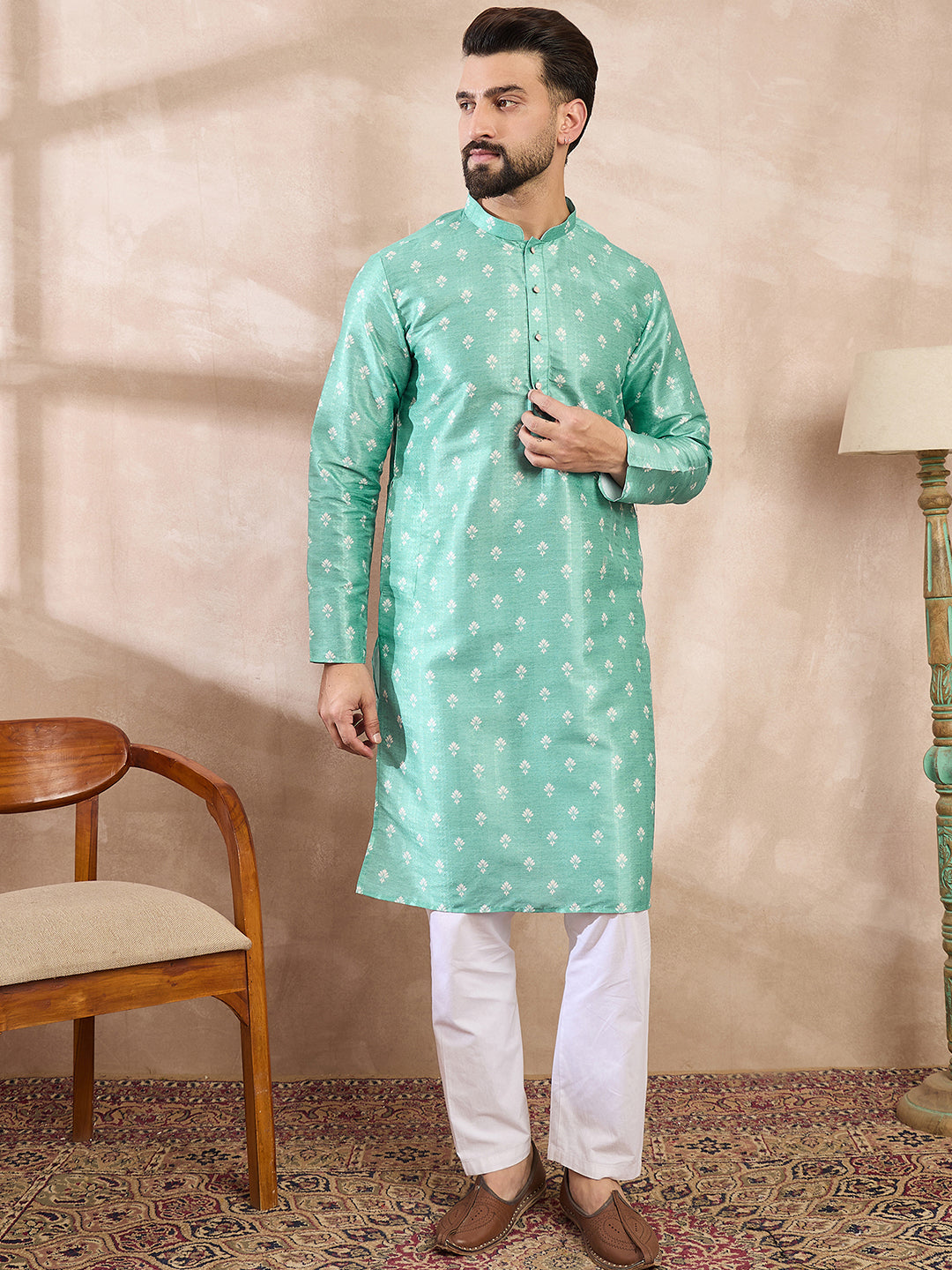 Ethnic Bay Men Teal Silk Blend Ethnic Motifs Printed Straight Kurta With Trouser