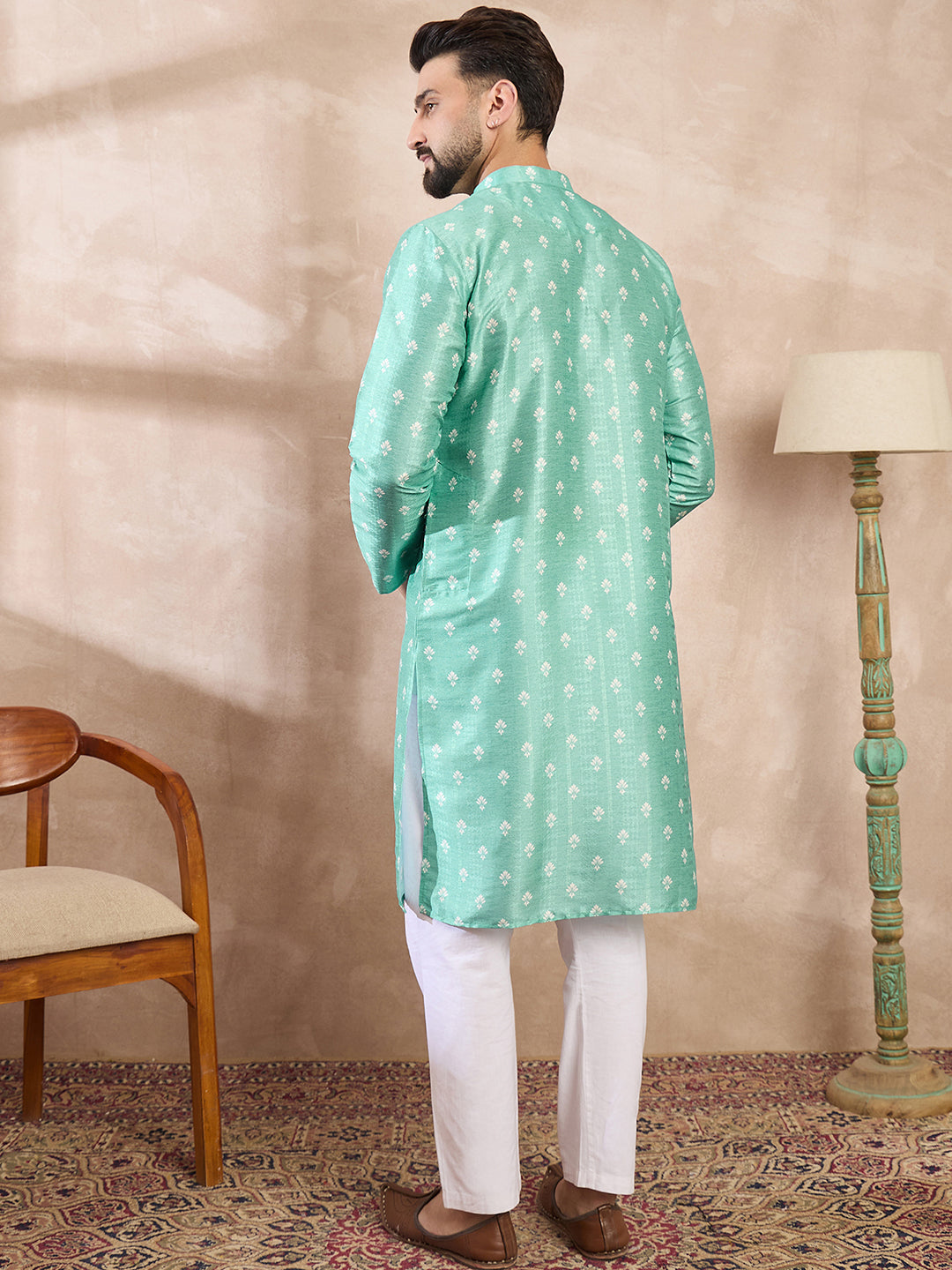 Ethnic Bay Men Teal Silk Blend Ethnic Motifs Printed Straight Kurta With Trouser