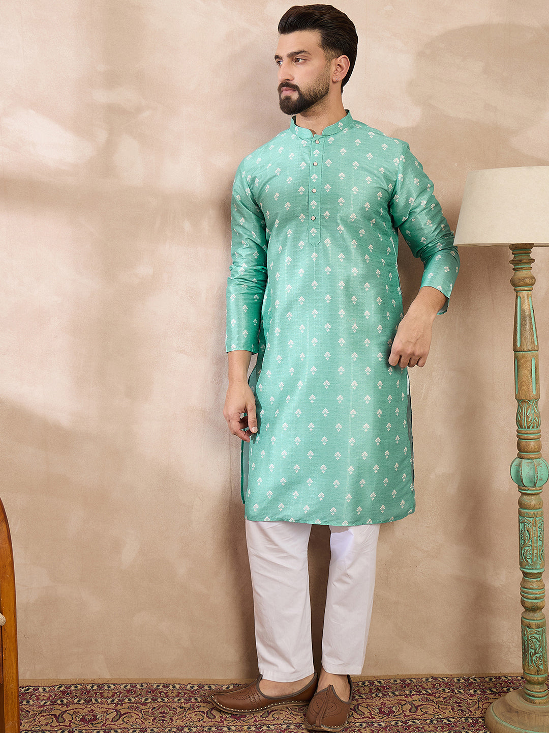 Ethnic Bay Men Teal Silk Blend Ethnic Motifs Printed Straight Kurta With Trouser
