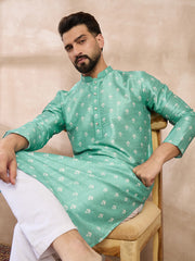 Ethnic Bay Men Teal Silk Blend Ethnic Motifs Printed Straight Kurta With Trouser-MKSET1992