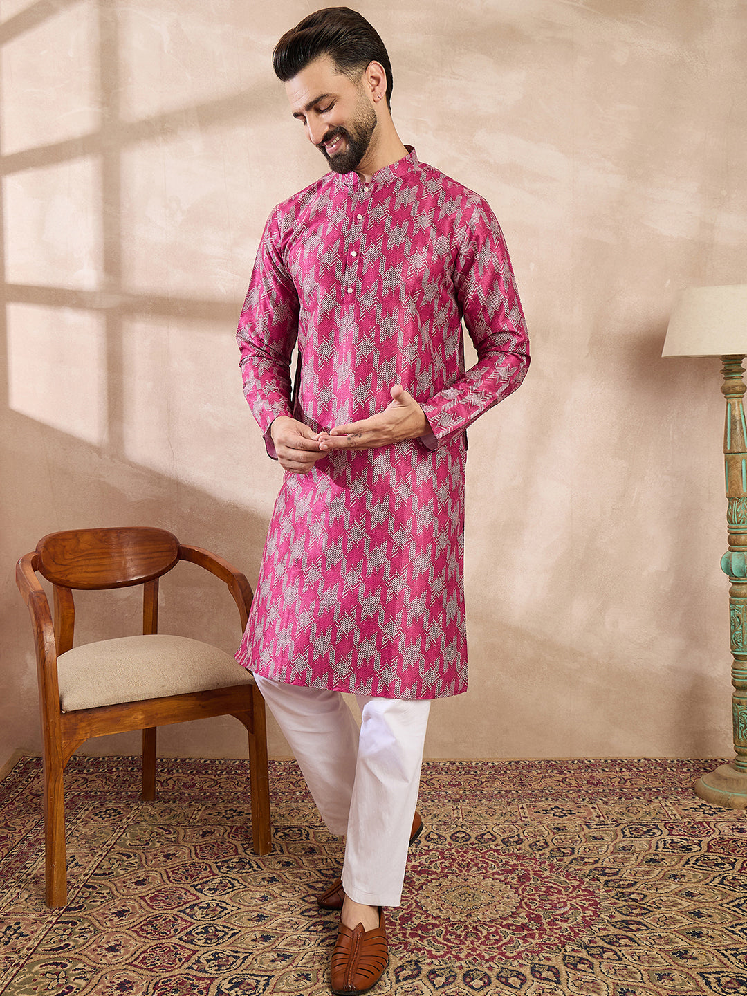 Ethnic Bay Men Pink Silk Blend Abstract Printed Straight Kurta With Trouser