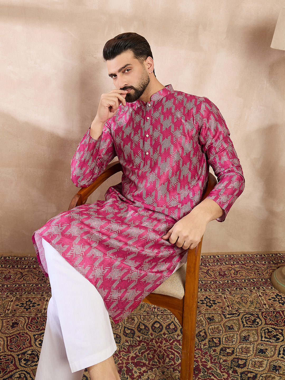 Ethnic Bay Men Pink Silk Blend Abstract Printed Straight Kurta With Trouser