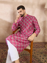 Ethnic Bay Men Pink Silk Blend Abstract Printed Straight Kurta With Trouser-MKSET1994