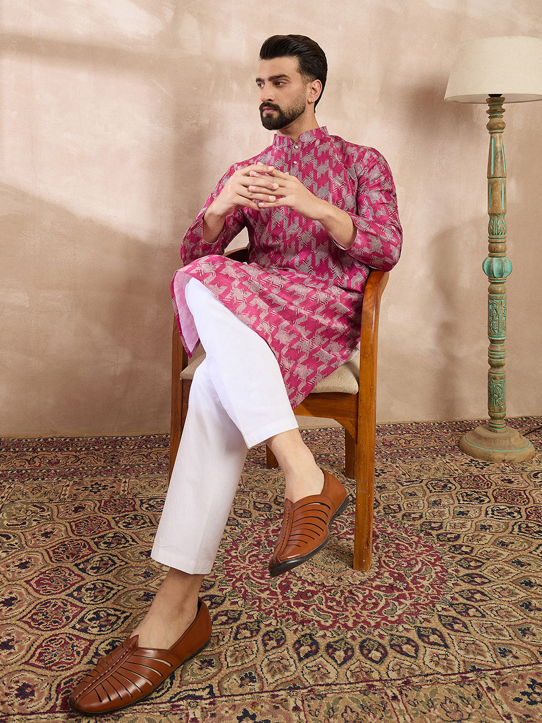 Ethnic Bay Men Pink Silk Blend Abstract Printed Straight Kurta With Trouser