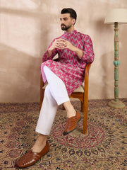 Ethnic Bay Men Pink Silk Blend Abstract Printed Straight Kurta With Trouser-MKSET1994