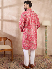 Ethnic Bay Men Pink Silk Blend Abstract Printed Straight Kurta With Trouser-MKSET1995