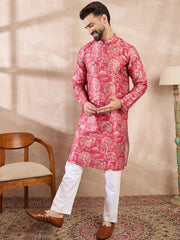 Ethnic Bay Men Pink Silk Blend Abstract Printed Straight Kurta With Trouser-MKSET1995