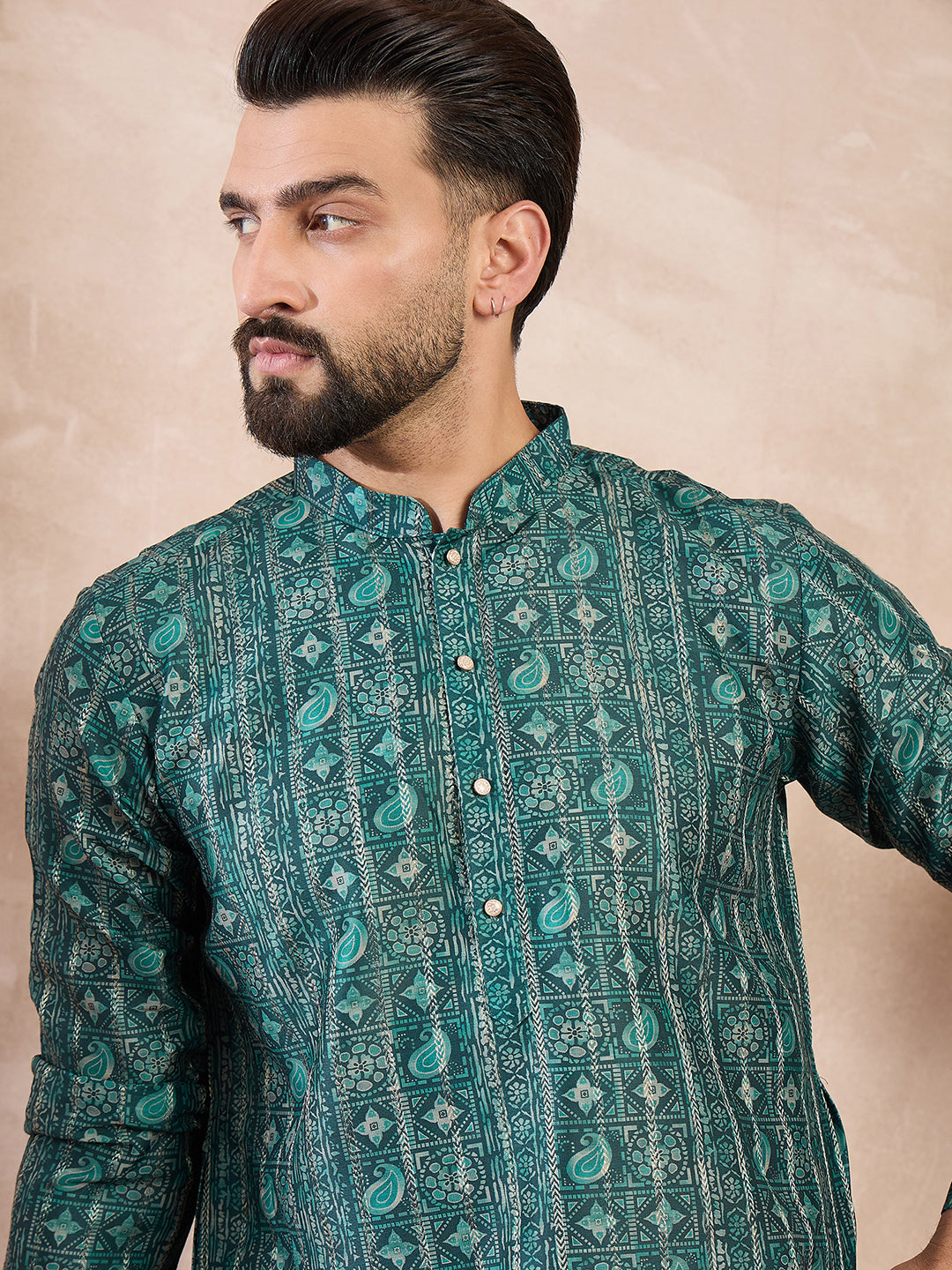 Ethnic Bay Men Green Silk Blend Ethnic Motifs Printed Straight Kurta With Trouser-MKSET1996