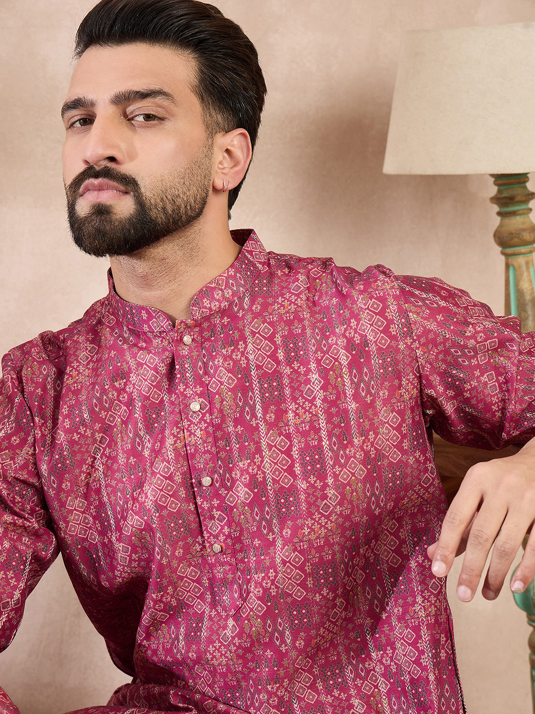 Ethnic Bay Men Pink Silk Blend Ethnic Motifs Printed Straight Kurta With Trouser-MKSET1997