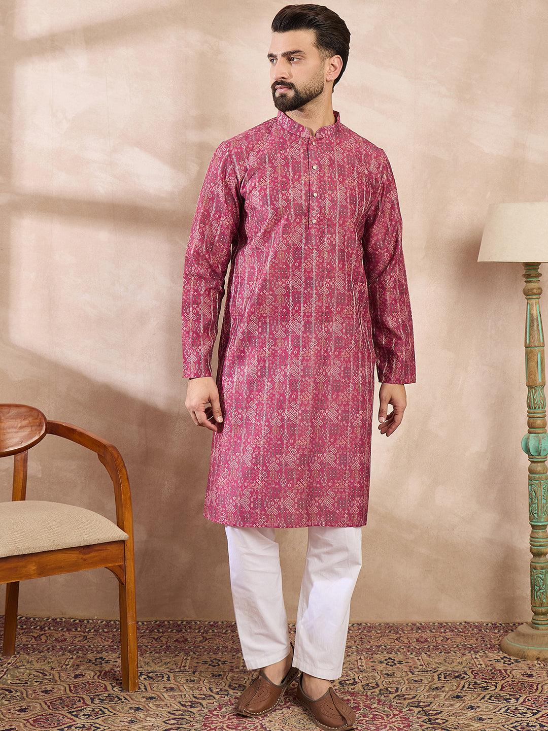 Ethnic Bay Men Pink Silk Blend Ethnic Motifs Printed Straight Kurta With Trouser